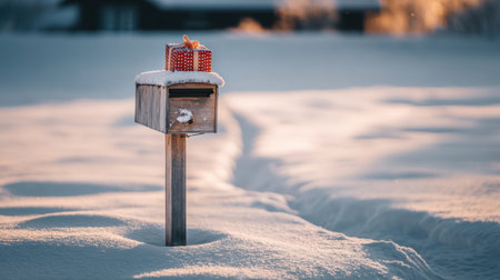 A mailbox stands in a quiet winter landscape, topped with a red gift, surrounded by fresh snow as soft light illuminates the scene.の素材