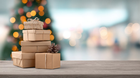 Wrapped presents stacked neatly on a rustic table create a warm holiday atmosphere with colorful lights twinkling from a nearby Christmas treeの素材