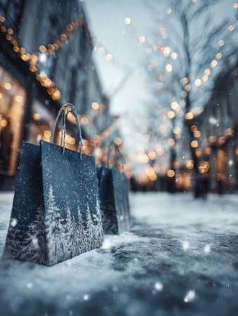 Snow falls gently on a festive street decorated with lights, showcasing stylish bags resting on the frosty ground, creating a winter shopping atmosphere.の素材