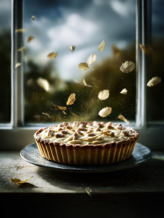 A freshly baked pie sits on a plate by a window, as autumn leaves dance around it against a backdrop of a moody sky.の素材