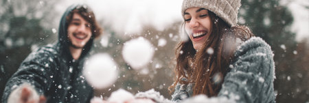 Two young adults enjoy a playful snowball fight in a snowy landscape, showcasing their happiness and the beauty of winter weather.の素材