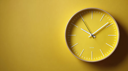 A sleek wall clock with a wooden frame and minimalist design hangs against a bright yellow background, indicating the time with simple white markers.の素材