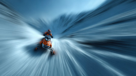 Two snowmobile riders travel through a snowy mountain area, showing their speed and skill as they navigate the winter terrain on a clear day.の素材