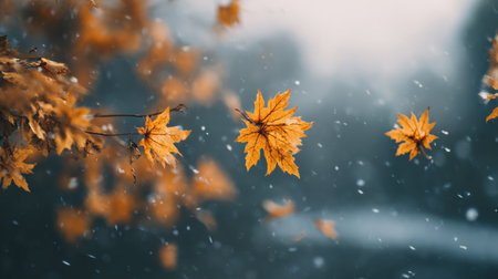 Delicate autumn leaves swirl in the air as soft snowflakes fall in a tranquil forest during late afternoon, creating a peaceful ambiance.の素材