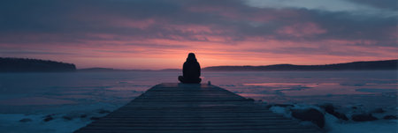A person sits in meditation on a wooden dock, gazing at a stunning sunset over a frozen lake surrounded by trees in a tranquil winter setting.の素材