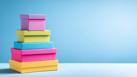 A collection of brightly colored gift boxes organized in a neat stack on a table, showing various sizes and textures against a soft blue backdrop.の素材