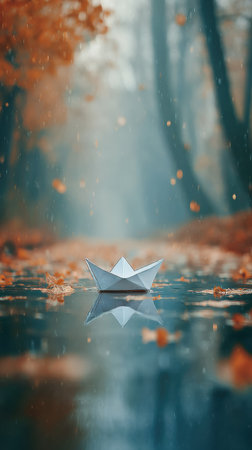 A paper boat glides on the calm surface of a pond in a tranquil forest. Colorful autumn leaves drift quietly in the gentle rain.の素材