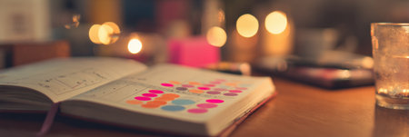 A planner open on a wooden desk displays colorful stickers while candles provide soft lighting, creating a cozy atmosphere for planning and reflection.の素材