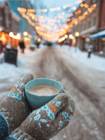 A cozy moment captured with warm cocoa held in mittens on a snow-covered street illuminated by festive lights on a winter evening.の素材