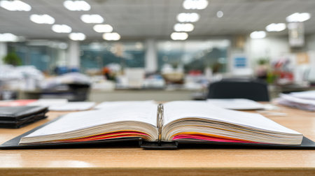 A detailed view of an open notebook rests on a wooden desk, surrounded by office supplies and a bustling workspace filled with paperwork during work hours.の素材