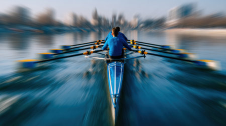 A rowing team maneuvers through calm waters in a city, showcasing teamwork and athleticism during tranquil early morning hours with a clear skyline.の素材