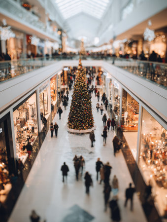 Crowds of people enjoy shopping amidst holiday decorations and a tall Christmas tree at a bustling shopping mall, capturing the festive spirit in December.の素材