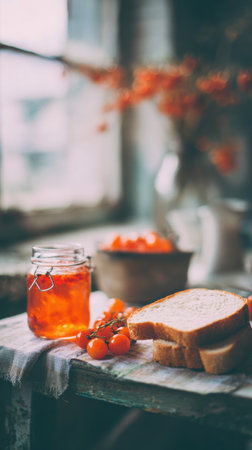 A jar of homemade jam sits next to slices of fresh bread and cherry tomatoes on a rustic table, creating a warm and inviting atmosphere.の素材
