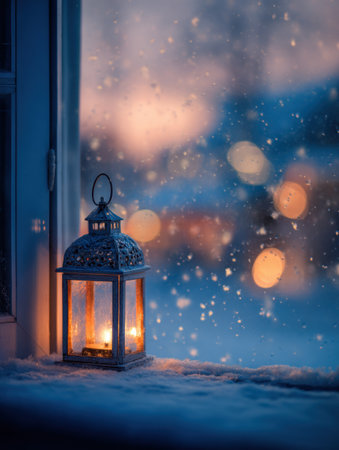 A decorative lantern illuminates a cozy interior as snowflakes descend outside a frosted window during a serene winter evening.の素材