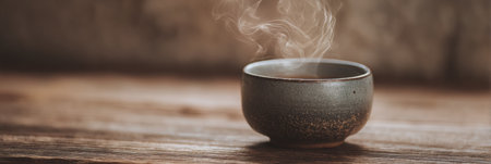 A steaming cup rests on a weathered wooden table, creating a soothing atmosphere perfect for relaxing and enjoying a warm drink.の素材