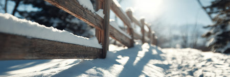 A wooden fence is blanketed in fresh snow, casting shadows on the ground as bright sunlight filters through trees in a peaceful winter setting.の素材