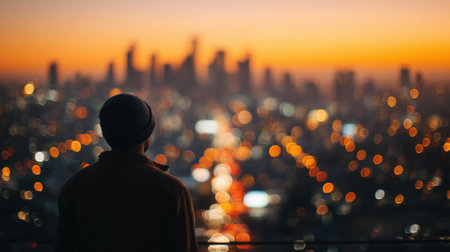 Person admires a vibrant urban skyline at dusk while city lights sparkle as the sun sets, creating a breathtaking atmosphere of tranquility.の素材