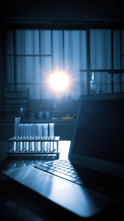 Dimly lit laboratory features a laptop and several test tubes on a table, creating a focused atmosphere for scientific experimentation at night.の素材