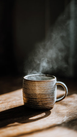 A ceramic cup sits on a wooden table, releasing steam into the warm atmosphere of a cozy indoor environment, suggesting comfort and relaxation.の素材