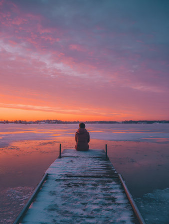 A person sits on a snowy wooden pier, gazing at a stunning sunset over a frozen lake, surrounded by soft pastel colors in the sky.の素材