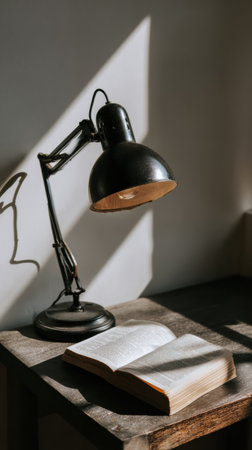 A black desk lamp shines on an open book resting on a wooden table, casting dramatic shadows in the warm afternoon light streaming through a window.の素材