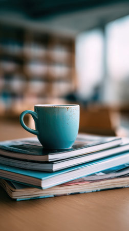 A blue cup rests atop several magazines in a quiet library setting, with natural light streaming through large windows creating a warm atmosphere.の素材
