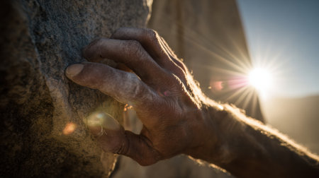 Close-up of a climbers hand with chalk gripping a rock face as the sun sets behind, illuminating the rugged terrain and highlighting the challenge.の素材
