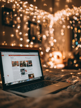 A laptop sits on a bed, illuminating the cozy space filled with warm fairy lights, creating a relaxing environment for browsing late at night.の素材