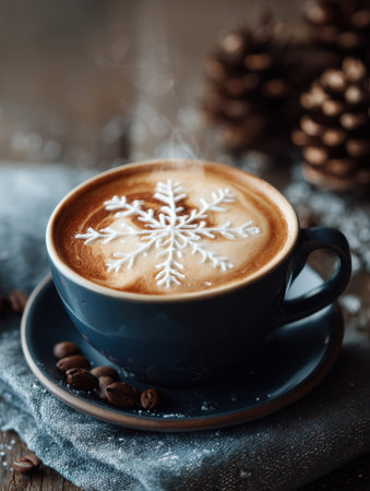 Warm cup of coffee with intricate snowflake latte art sits on a blue saucer atop a textured cloth, with pine cones creating a seasonal ambiance.の素材
