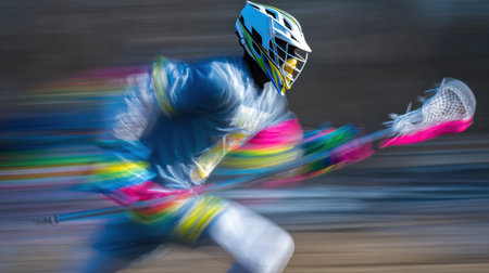 A young athlete dashes across the field, demonstrating agility and focus while playing lacrosse, with colorful gear reflecting a vibrant autumn day.の素材
