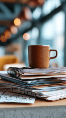 A warm drink rests atop a pile of notebooks in a bustling cafe, illuminated by soft golden lights. The atmosphere exudes creativity and comfort.の素材