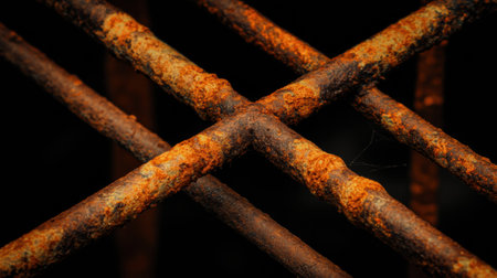 Rusted metal bars form a crisscross pattern, showcasing corrosion and texture against a dark background, evoking an industrial aesthetic.の素材