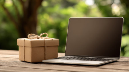 A brown gift box tied with twine rests beside an open laptop on a wooden table surrounded by lush greenery on a sunny day.の素材