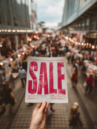 A shopper holds a bold sale sign high in a crowded market filled with various stalls and eager customers enjoying the vibrant atmosphere of shopping.の素材