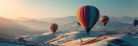Hot air balloons in vibrant colors soar gracefully over a snow-covered landscape at dawn, creating a beautiful vista against the mountain backdrop.の素材