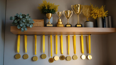 A tidy wooden shelf showcases golden trophies and medals with yellow ribbons, accompanied by decorative plants, symbolizing success.の素材