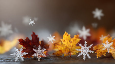 Vibrant red and yellow leaves lay scattered as delicate snowflakes fall gently, blending the warmth of autumn with the coolness of winter.の素材