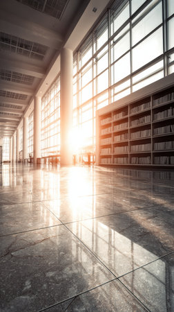 Sunlight streams through large windows in a modern library, casting reflections on the polished floor while gently illuminating the bookshelves.の素材