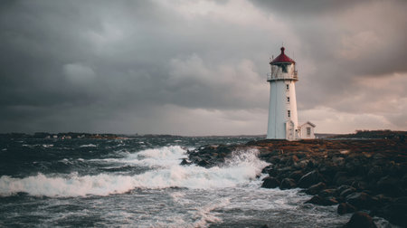 A classic lighthouse stands tall against a dramatic sky as waves crash onto rocky outcrops during a stormy evening at dusk.の素材