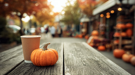 A warm cup of coffee sits beside a small pumpkin on a rustic wooden table, with a lively market filled with autumn decorations in the background.の素材