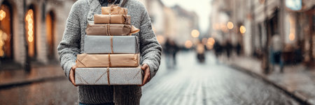 A person holds a stack of neatly wrapped gifts in various colors while walking on a wet street lined with storefronts and blurred figures in the background.の素材