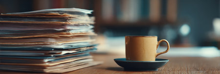 A warm cup of coffee rests on a saucer near tall stacks of paperwork in a comfortable workspace filled with soft afternoon light.の素材