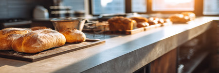Warm loaves of bread sit on trays in a cozy kitchen, illuminated by the golden light of the setting sun through large windows.の素材
