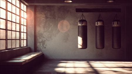 Soft sunlight filters through large windows, illuminating a serene boxing gym with three suspended punching bags, creating an inviting yet focused atmosphere.の素材