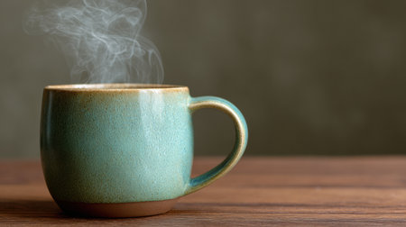 A steaming cup sits on a wooden table, showcasing warm hues and inviting atmosphere perfect for enjoying a hot drink on a cool morning.の素材