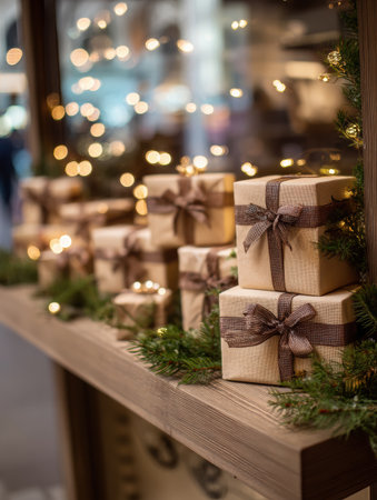 Wrapped gifts are neatly arranged on a wooden shelf, surrounded by greenery and twinkling lights, evoking a warm holiday atmosphere in a festive location.の素材