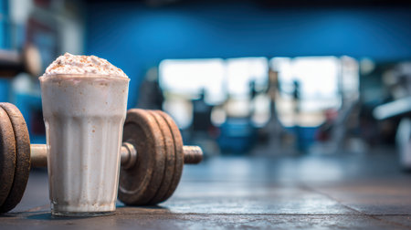 A refreshing protein shake sits beside a dumbbell in a well-lit gym, highlighting the importance of nutrition during workout sessions.の素材