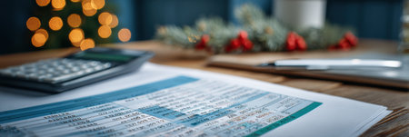 A well-organized desk displays financial documents alongside a calculator. Soft holiday lights and decorations create a warm, festive atmosphere.の素材