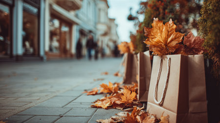 Shopping bags are placed on a city sidewalk, filled with vibrant autumn leaves, while shoppers stroll in the background under a cloudy sky.の素材