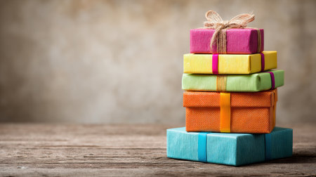 Brightly wrapped gift boxes in various colors are neatly stacked on a rustic wooden table, perfect for creating a festive atmosphere during celebrations.の素材